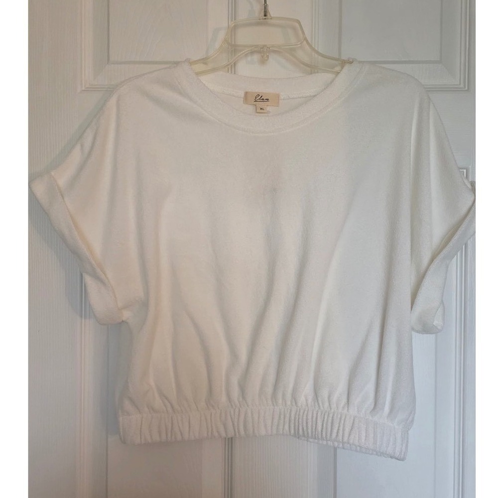Elan Women White Terry Cloth Short Sleeve Elastic Hem Crop Top XL New - Picture 2 of 7